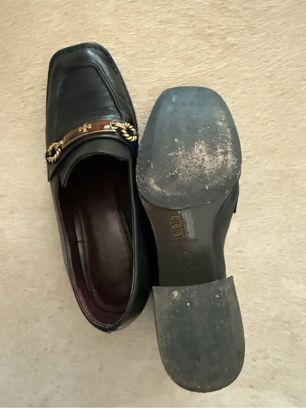 Tory Burch Black Leather Block Heel Loafers with Brown and Gold Trim